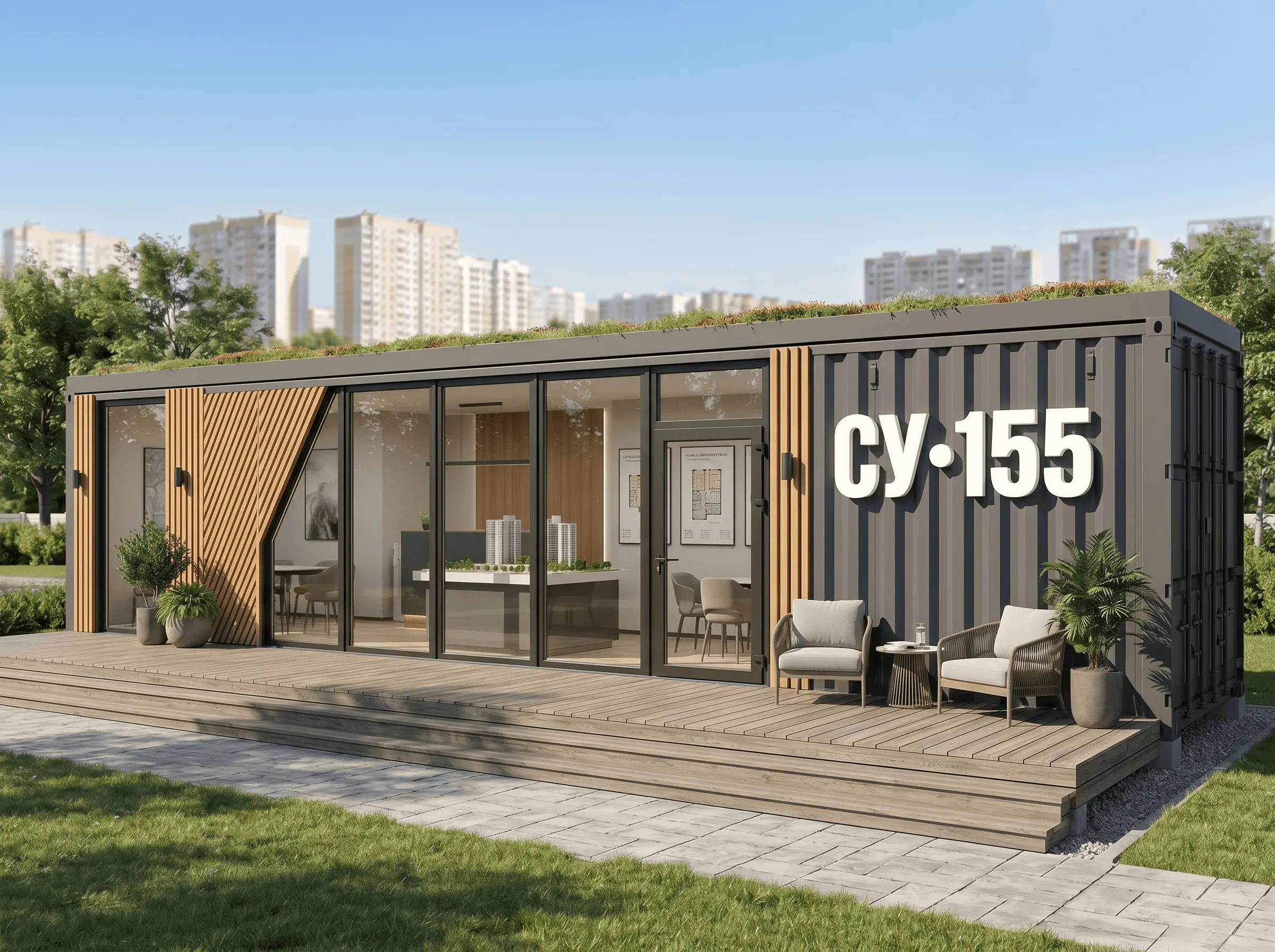 Офис продаж из 40-футового контейнера Урбан 40 с витринным остеклением, террасой и зелёной кровлей